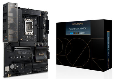 Материнська плата LGA1700, Asus ProArt B760-CREATOR, B760, 4xDDR5, Int.Video(CPU), 4xSATA3, 3xM.2, 1xPCI-E 5.0 x16, 1xPCI-E 4.0 x16, 1xPCI-E 3.0 x1, 1xM.2 (Key E), Realtek 7.1, Intel 1Gb + Realtek 2.5Gb, 7xUSB3.2/6xUSB2.0, HDMI/DP, ATX