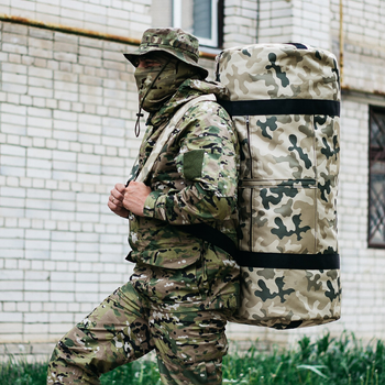 Військова сумка баул, армійський баул Оксфорд пісочний мультикам 120 л тактичний баул, тактичний баул-рюкзак