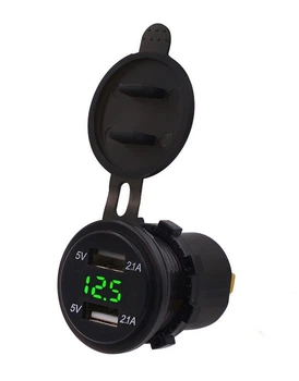 Автомобильное зарядное устройство два порта USB 12V врезная, с Вольтметром зелёная подсветка Autoexpect (80070)