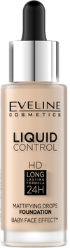 Тональна основа для обличчя Eveline Cosmetics Liquid Control HD у Флаконі Розгладжуюча Матуюча Зволожуюча з піпеткою 001 Porcelain 32 мл (5901761987959)