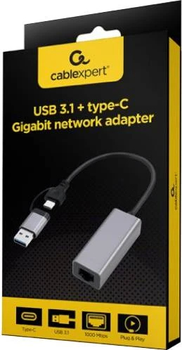 Adapter USB-C + USB 3.1 (M) do RJ-45 (F) Gembird A-USB3AC-LAN-01 (8716309128186)