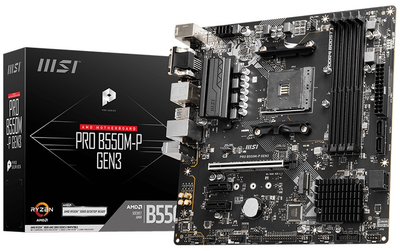 Мат.плата AM4 (B550) MSI PRO B550M-P GEN3, B550, 4xDDR4, Int.Video(CPU), 4xSATA3, 1xM.2, 1xPCI-E 16x 3.0, 2xPCI-E 1x 3.0, ALC897, RTL8111H, 6xUSB3.2/6xUSB2.0, VGA/DVI-D/HDMI, MicroATX