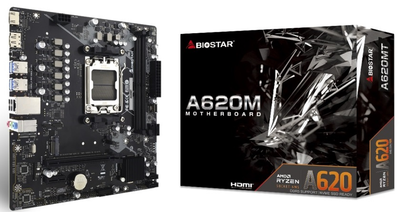 Материнська плата AM5 Biostar A620MT, A620, 2xDDR5, Int.Video (CPU), 4xSATA3, 1xM.2, 1xPCI-E 4.0 x16, 1xPCI-E 3.0 x1, ALC897, RTL8111H, 7xUSB3.2/6xUSB2.0, HDMI/DP, Micro ATX