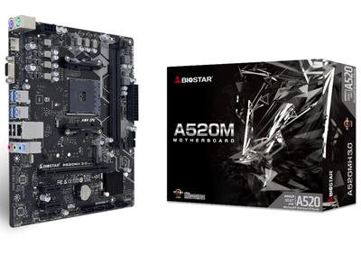 Мат.плата AM4 (A520) Biostar A520MH 3.0, A520, 2xDDR4, Int.Video(CPU), 4xSATA3, 1xM.2, 1xPCI-E 3.0 x16, 2xPCI-E 3.0 x1, ALC897, RTL8111H, 6xUSB3.2/6xUSB2.0, VGA/HDMI, MicroATX