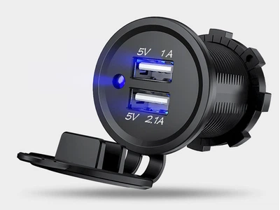 Гнездо под 2 USB DC 12-24V/5V 2,1-1A синий индикатор с резьбой