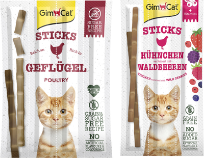 Упаковка лакомство для котов Мясные палочки Gimborn GimCat SUPERFOOD курица и лесные ягоды 3 шт 1 упаковка + Мясные палочки Gimborn GimCat мясо птицы grain-free 4 шт 1 упаковка 35 г (2700000031018)