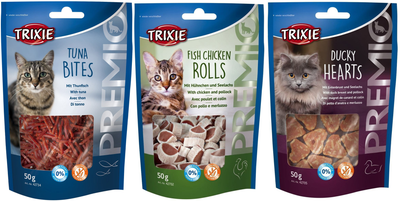 Промо набор лакомств Trixie PREMIO Rolls для котов, курица/сайда 50 г 1 Упаковка лакомство + Trixie PREMIO Hearts для котов, утка/минтай 50 г 1 Упаковка лакомство + Trixie PREMIO Tuna Bites для котов, тунец 50 г 1 Упаковка лакомство (2700000031087)