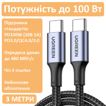 Кабель UGreen Type-C to Type-C 100W Aluminium Alloy 3 м Чёрный US316 (0132)