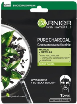 Очищуюча тканинна маска Garnier Pure Charcoal Black Tissue Mask з екстрактом чорного чаю матуюча 28 г (3600542097239)