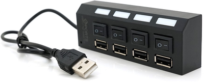 Хаб Voltronic USB 2.0 4 порти з перемикачами на кожен порт, Black, 480Mbts High Speed, підтримка до 0.5ТВ, живлення від USB (YT03943)