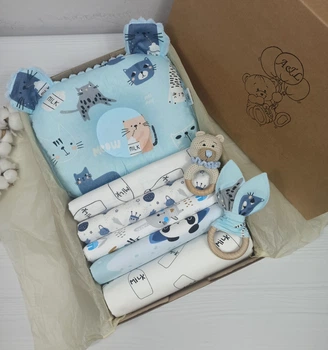 Набор для новорожденного: 5 пеленок, подушка и игрушки a.l.babybox Котики Голубые