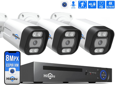 Комплект IP видеонаблюдения Hiseeu 8мп PoE 3 камеры + регистратор + кабель