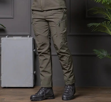 Мужские брюки Soft-shell на флисе с высокой посадкой олива / ветрозащитные и водонепроницаемые XL