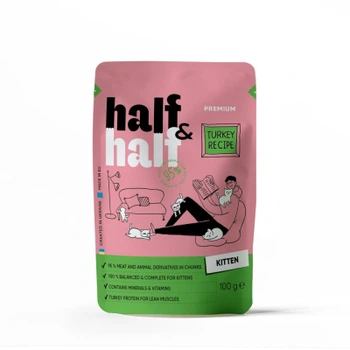10шт, Вологий корм для кішок Half&Half шматочки з індичкою в желе для кошенят 100 г (4820261920864)