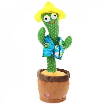 Говорящий танцующий кактус с Желтой шляпкой и подсветкой Dancing Cactus 32 см поющий повторюшка USB Зарядка