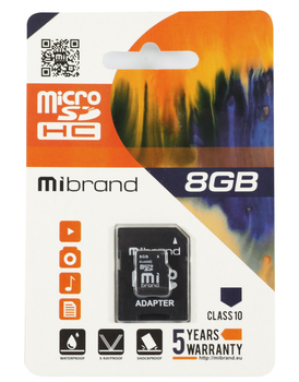 Карта пам'яті microSDHC, 8Gb, Class10, Mibrand, SD адаптер (MICDHC10/8GB-A) (213449)