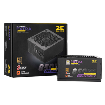 Блок питания 2E GAMING EXTRA POWER (850W), >90, 80+ Gold, 140mm, 1xMB 24pin(20+4), 2xCPU 8pin(4+4), 4xMolex, 6x (2E-EP850GM-140)