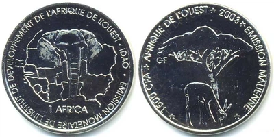 Монета Малі 1500 франків 2003 UNC