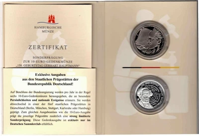 Монета Німеччина 10 євро 2012 «Герхарт Гауптман» UNC в буклеті (KM#312)
