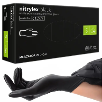 Рукавички чорні Nitrylex Black нітрилові неопудрені S RD30104002 (ящик 10 пачок)