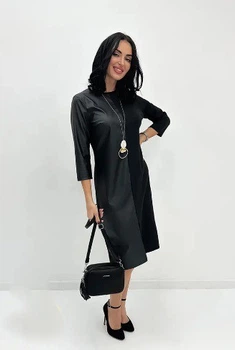 Жіноче плаття міді з екошкірою Fashion 46/48 чорний