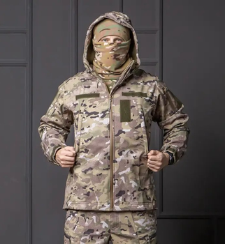 Мужская куртка Softshell мультикам с капюшоном и липучками под водонепроницаемая шеврона 2XL