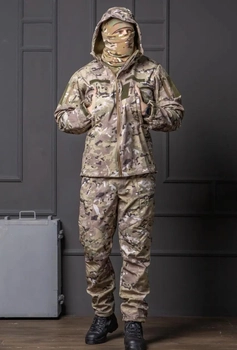 Чоловіча куртка Softshell мультикам з капюшоном та липучками під шеврони водонепроникна M