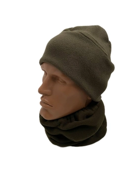 Комплект флисова шапка з бафом хакі / Флісова шапка+шарф-труба для військових кольору олива
