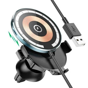 Автотримач з бездротовою зарядкою Hoco CW42 Car Holder на дефлектор АЗУ magnetic car MagSafe 15W для телефону iPhone 12/13/14 Чорний