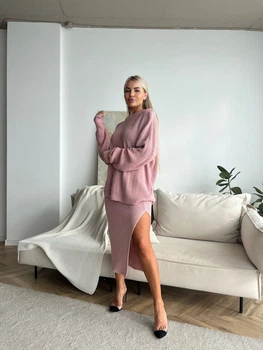 Fashions • Костюм вязаный с юбкой миди Masha Fashions 42-56 пудра (255/а-нс)