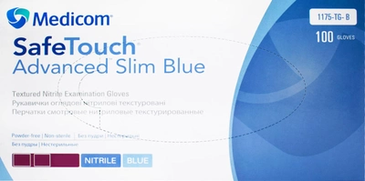 Рукавички оглядові нітрилові текстуровані, нестерильні Medicom SafeTouch Advanced Slim Blue неопудрені 3.6 г 50 пар № M (1175P-C)