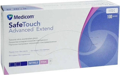 Рукавички оглядові нітрилові текстуровані, нестерильні Medicom SafeTouch Advanced Extend неопудрені 3.6 г рожеві 50 пар № M (1172-TG_C)