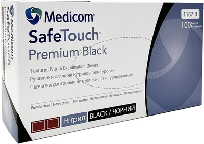Рукавички оглядові нітрилові текстуровані, нестерильні Medicom SafeTouch Premium Black неопудрені 5 г чорні 50 пар № XS (1187H-A)