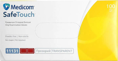 Перчатки смотровые виниловые нестерильные Medicom SafeTouch неопудренные прозрачные 50 пар № S (11131-A)
