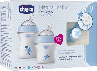 Набір для годування Chicco NaturalFeeling Соска Physioforma Comfort + Пляшечка 150 мл + Пляшечка 250 мл Блакитний (8058664153671)