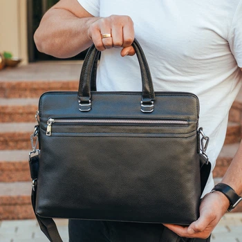 Мужская кожаная сумка для ноутбука 38x28x6 / портфель для деловых встреч, черный