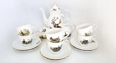 Сервиз кофейный Gloria fine porcelain Bavaria Handwork Bayreuth Made in Germany Охота 15 предметов