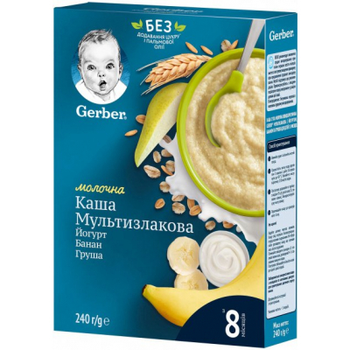Дитяча каша Gerber молочна швидкорозчинна мультизлакова з йогуртом, банано (7613039834244)