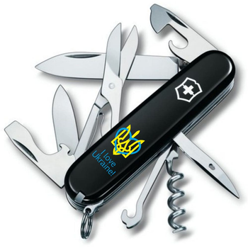 Нож складной 91 мм, 14 функций Victorinox CLIMBER UKRAINE Черный/Трезубец с сердцем + I love Ukraine