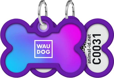 Адресник для собак и котов металлический WAUDOG Smart ID c QR паспортом "Градиент фиолетовый", кость, Д 40 мм, Ш 28 мм (231-4034Collar)