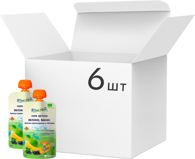 Упаковка фруктового пюре Fleur Alpine Organic яблоко-банан-черная смородина-черника в пауче 6 шт х 120 г (5024688101090)