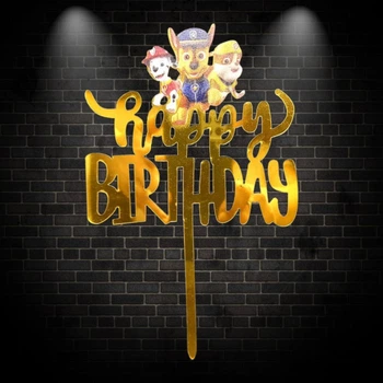 Топпер Щенячий патруль пластиковый декор в торт надпись Happy Birthday золото зеркальный 15х10 см