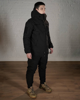 Зимова військова форма SoftShell з утеплювачем ХОЛОСОФТ чорна костюм водонепроникаючий бушлат та штани з капюшоном S - (46)