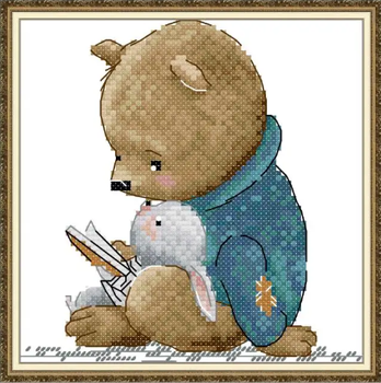 Набор для вышивания по нанесённой на канву схеме "Reading Bear". AIDA 14CT printed, 17*17 см