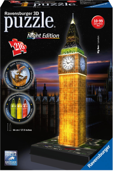 Puzzle 3D Ravensburger Big Ben Night Versiom 44 x 17 cm 216 elementów (4005556125883)
