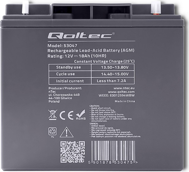 Akumulator Qoltec AGM 12V 18Ah max. 270A 53047 (5901878530475)