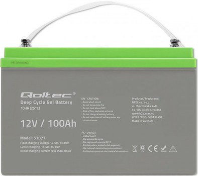 Акумуляторна батарея Qoltec żelowy Deep Cycle 12V 100Ah 30.5kg 53077 (5901878530772)