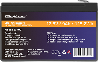 Akumulator Qoltec LiFePO4 Litowo-Żelazowo-Fosforanowy 12.8V 9Ah 115.2Wh BMS 53700 (5901878537009)