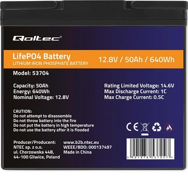 Akumulator Qoltec LiFePO4 Litowo-Żelazowo-Fosforanowy 12.8V 50Ah 640Wh BMS 53704 (5901878537047)