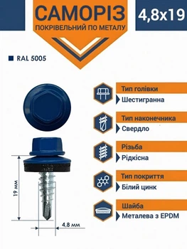 Саморез по металлу окрашенный RAL5005 4,8х19 мм (250 шт.)